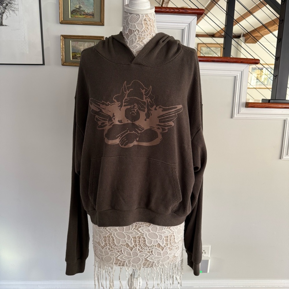 Boys Lie Brown Hooded Waffle Knit Sweater with Angel Graphic